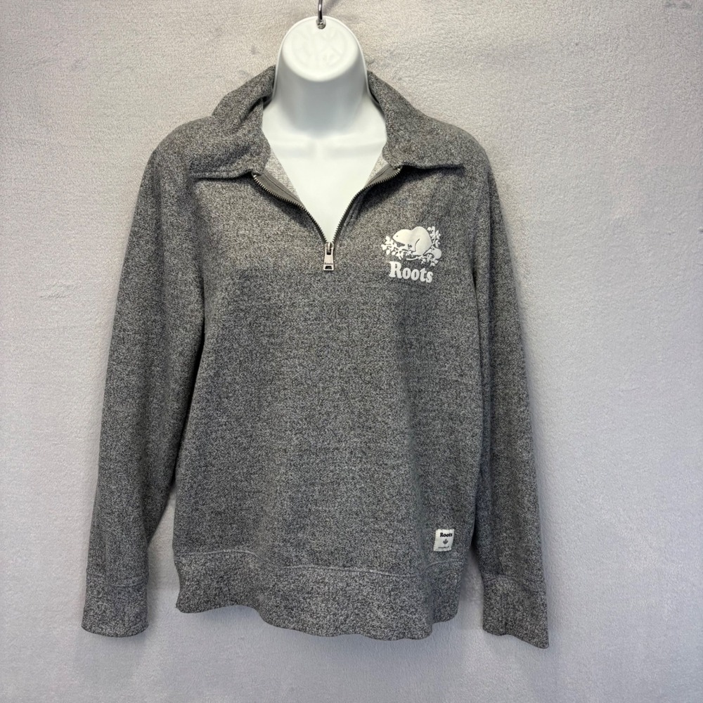 Roots 1/4 Zip Sweatshirt Womens Medium Gray Heathered Beaver Maple Leaf Casual
